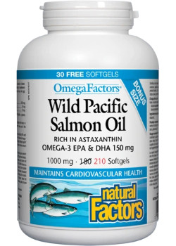 OmegaFactors Wild Pacific Salmon Oil 1,000mg - 180 + 30 Softgels BONUS