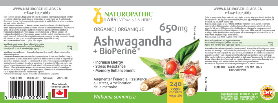 Ashwagandha 650mg (Organic) + Bioperine - 240 V-Caps + BONUS