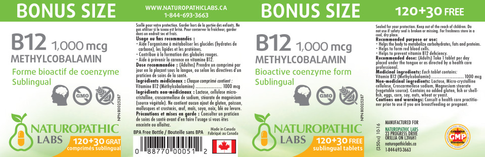 B-12 Methylcobalamin 1,000mcg Sublingual - 150 Lozenges + BONUS