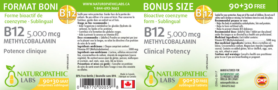 B-12 Methylcobalamin 5,000mcg Sublingual - 120 + 50 Lozenges FREE