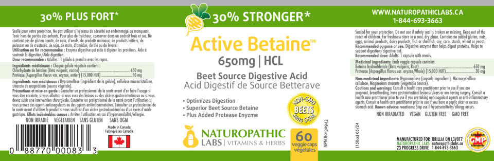 Active Betaine HCL 650mg (30% Stronger) - 60 V-Caps