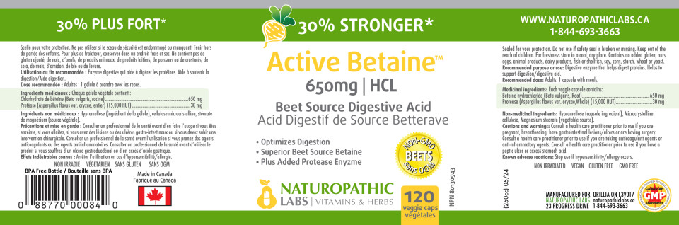 Active Betaine HCL 650mg (30% Stronger) - 120 V-Caps + BONUS