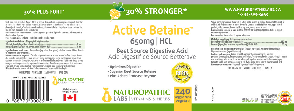 Active Betaine HCL 650mg (30% Stronger) - 240 + 60 V-Caps FREE