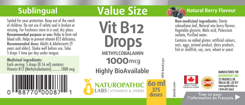 B-12 Methylcobalamin Liquid 1000mcg (Berry Flavour) - 60 + 15ml FREE
