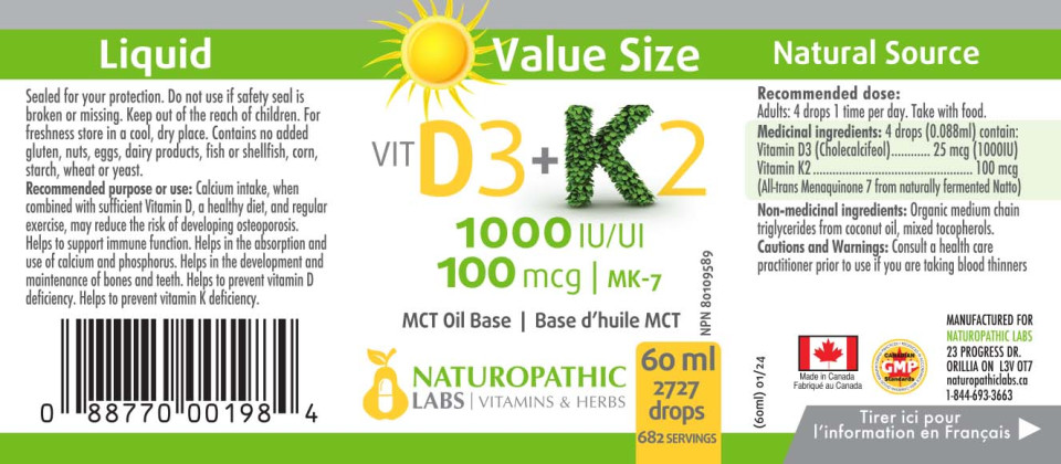 Vitamin D3 1000iu + K2 100mcg Liquid - 60 + 15ml FREE