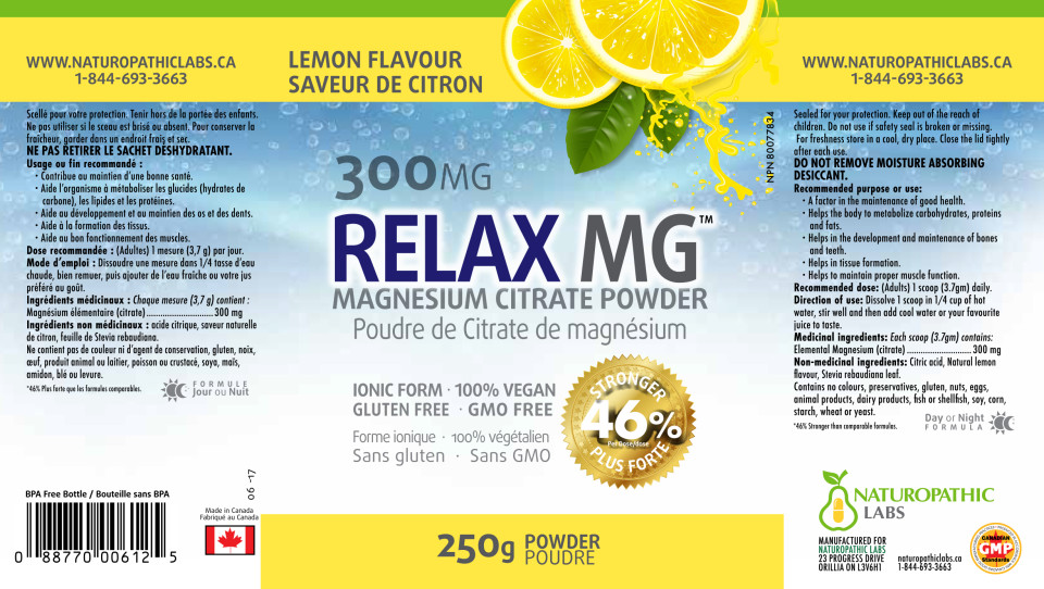 Relax MG Magnesium Powder (Lemon) 300mg - 250g + BONUS