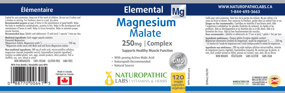Magnesium Malate 250mg - 120 V-Caps + BONUS