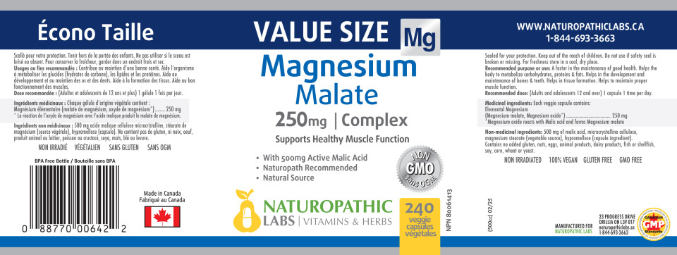 Magnesium Malate 250mg - 240 + 60 V-Caps FREE