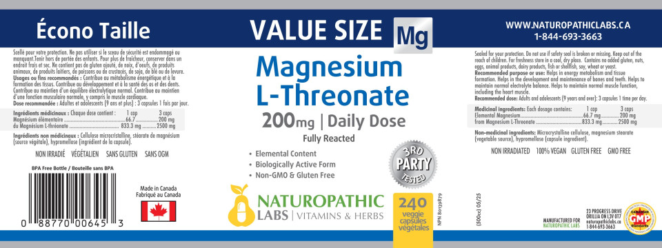 Magnesium L-Threonate 200mg (Daily Dose) - 240 V-Caps + BONUS