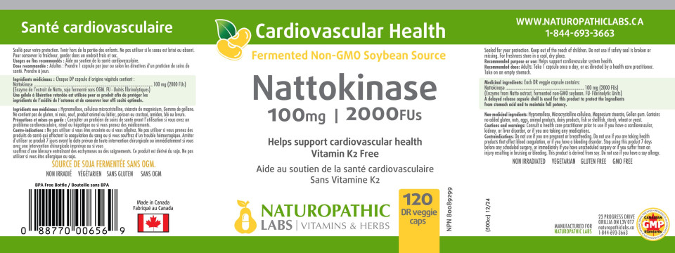 Nattokinase 100mg / 2000FUs (Non-GMO & K2 Free)  - 120 + 60 V-Caps FREE