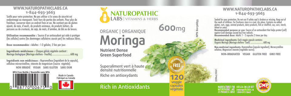 Moringa 600mg (Organic) - 120 V-Caps + BONUS