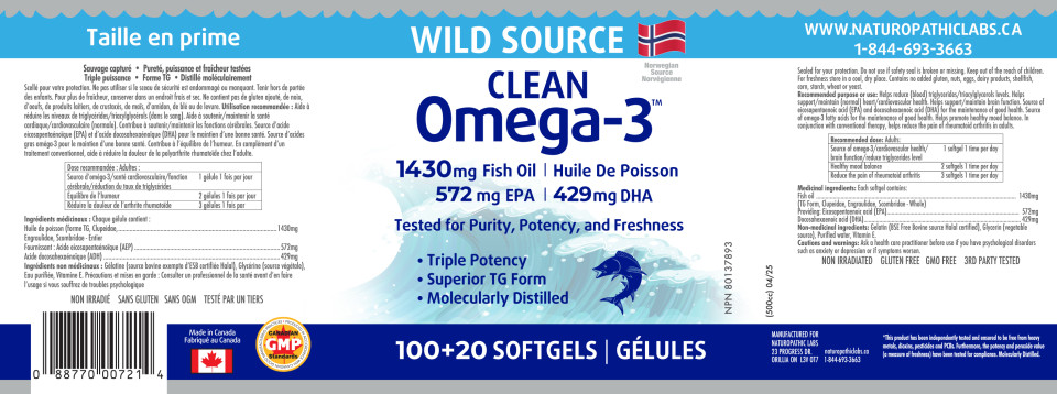 Clean Omega-3 (Wild Source) 572mg EPA / 429mg DHA - 120 + 50 Softgels FREE