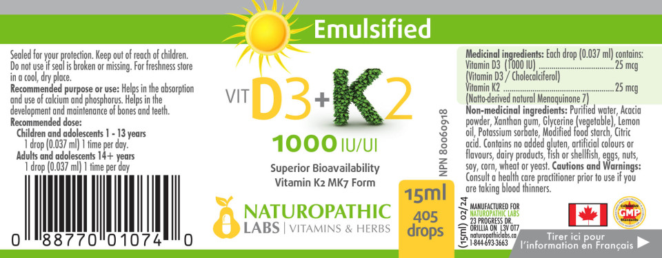 Vitamin D3 + Vitamin K2 Drops Emulsified 1,000iu - 15ml