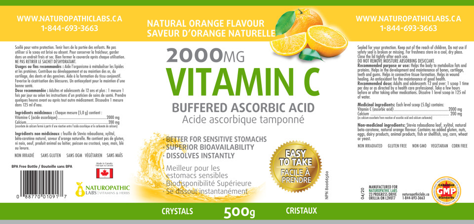 Vitamin C Buffered 2,000mg (Orange) - 500 + 250g Crystals FREE
