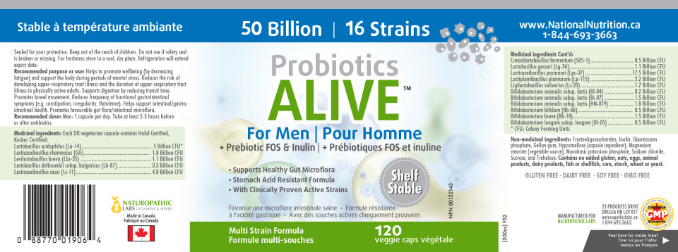Probiotics Alive For Men 50 Billion (Plus FOS Prebiotic) - 120 + 30 V-Caps FREE
