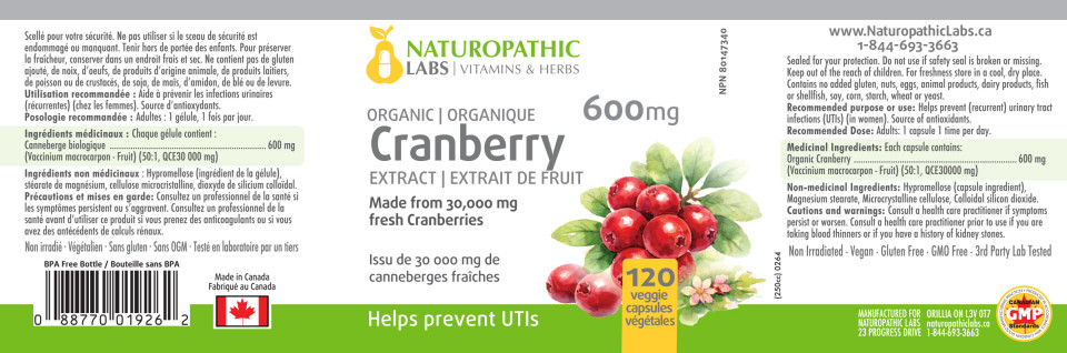 Cranberry Extract 600mg (Organic) - 120 + 60 V-Caps FREE
