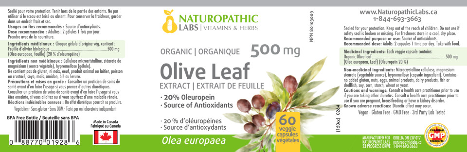 Olive Leaf Extract 500mg (Organic / 20% Oleuropein) - 60 V-Caps