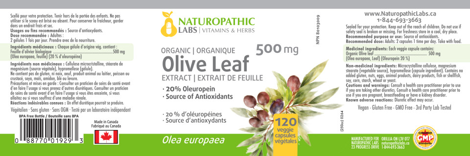 Olive Leaf Extract 500mg (Organic / 20% Oleuropein) - 120 V-Caps + BONUS