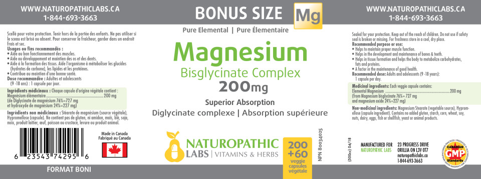 Magnesium Bisglycinate 200mg - 260 V-Caps + BONUS