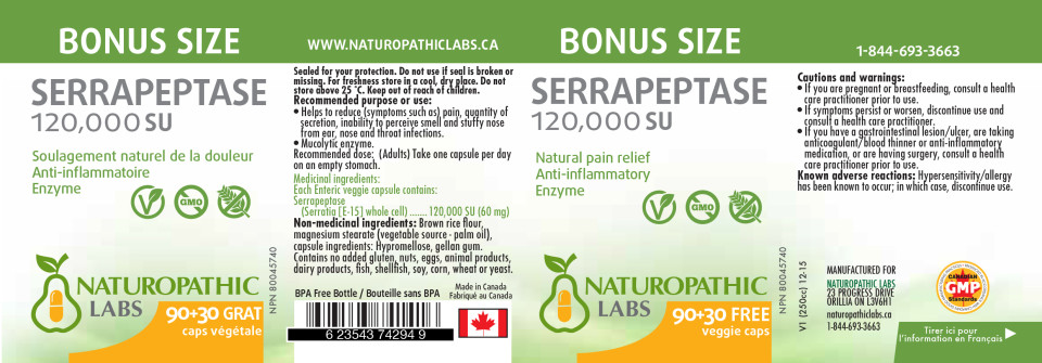 Serrapeptase 120,000SU (Enteric Coated) - 120 + 120 V-Caps FREE