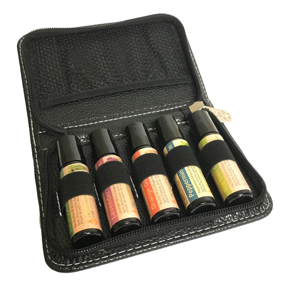 Essential Oil Roll-On (Eucalyptus, Lavender, Orange, Peppermint, Tea Tree) + Vegan Leather Wallet - 5 x 10ml