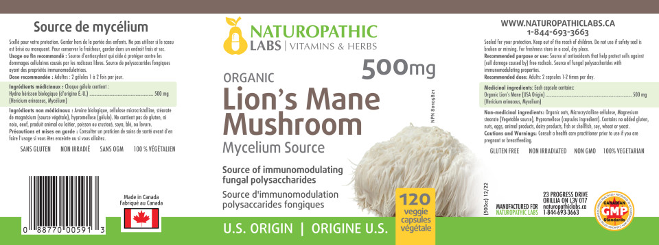 Lion's Mane Mushroom (Organic) 500mg - 120 V-Caps + BONUS