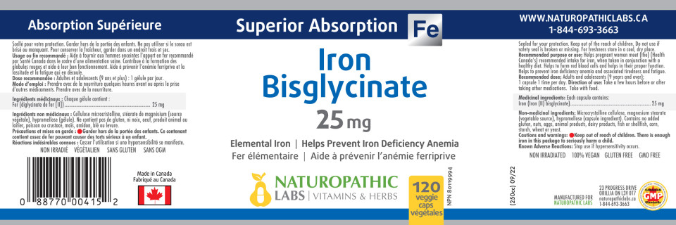 Iron Bisglycinate 25mg - 120 Caps + BONUS