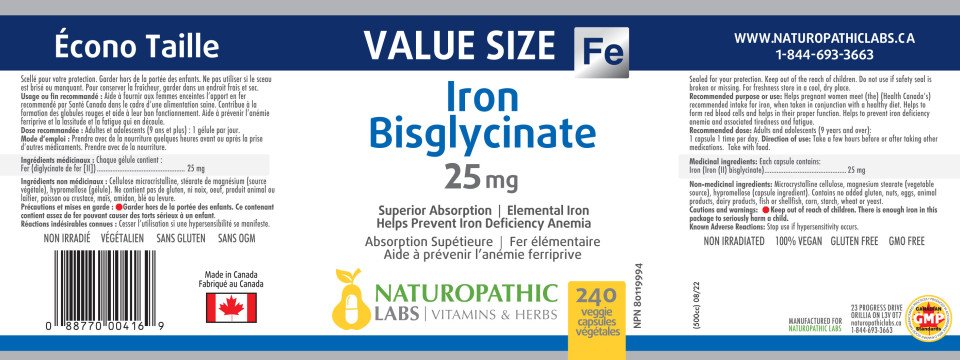 Iron Bisglycinate 25mg - 240 Caps + BONUS