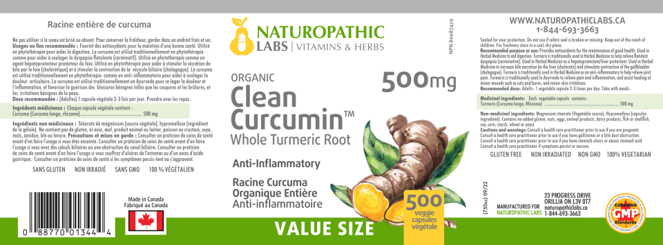 Organic Clean Curcumin (Whole Turmeric Root) 500mg - 500 V-Caps + BONUS