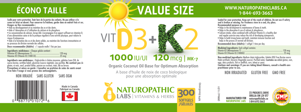 Vitamin D3 1,000iu + K2 120mcg - 300 Softgels + BONUS