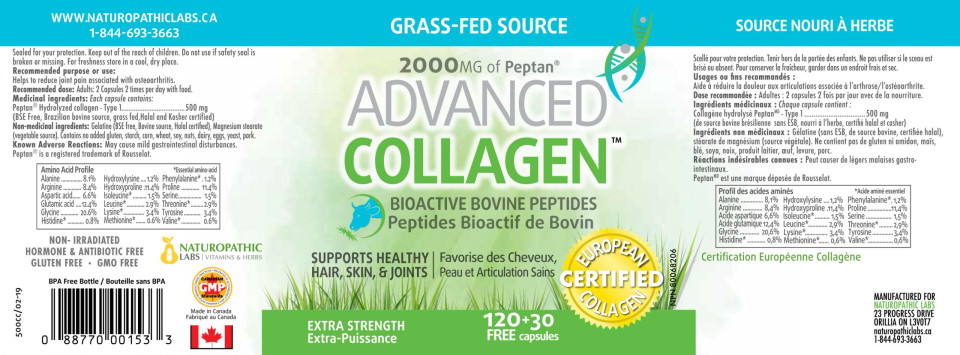 Advanced Collagen (Grass Fed Bovine Source) 500mg - 150 Caps + BONUS