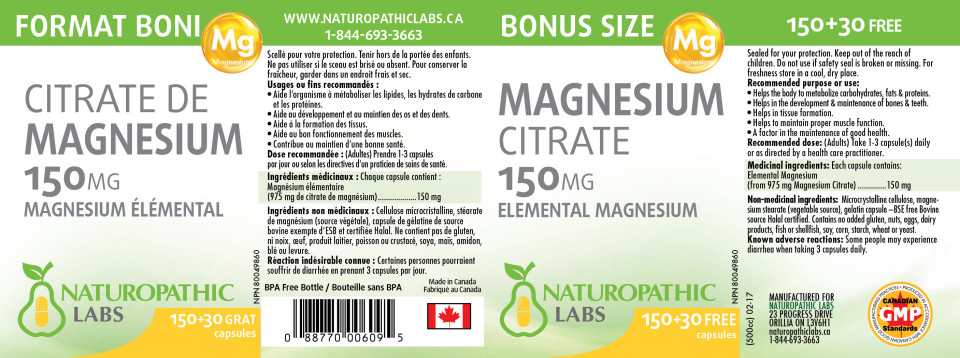 Magnesium Citrate 150mg - 180 + 60 Caps FREE