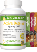 Naturopathic Labs Active Betaine HCL 650mg (30% Stronger) - 120 V-Caps + BONUS