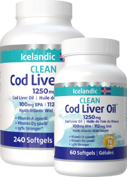 Clean Icelandic Cod Liver Oil 1250mg - 240 + 60 Softgels FREE