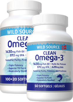 Clean Omega-3 (Wild Source) 572mg EPA / 429mg DHA - 120 + 50 Softgels FREE