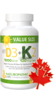 Vitamin D3 1,000iu + K2 120mcg - 300 Softgels + BONUS