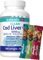 View Naturopathic Labs Icelandic Cod Liver Oil 1250mg 120 Softgels - 3 Honey Bars FREE