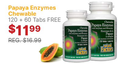 View Natural Factors Papaya Enzymes Chewable 120 + 60 Tabs FREE
