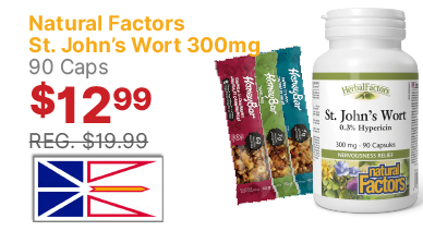 View Natural Factors St. John's Wort 300mg 90 Caps + 3 Honey Bars